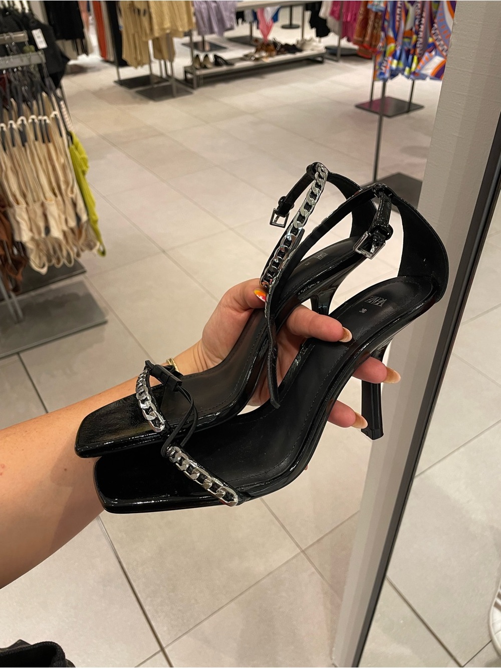 Zara Black Patent Stiletto Sandals with Silver Chain Detail